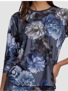 Johnny Was Bee Active Grey Blue Peony Oversize T-Shirt Top Small